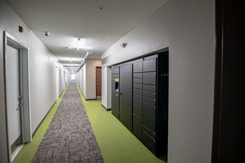 A hallway with a green carpet and a black door on the right.